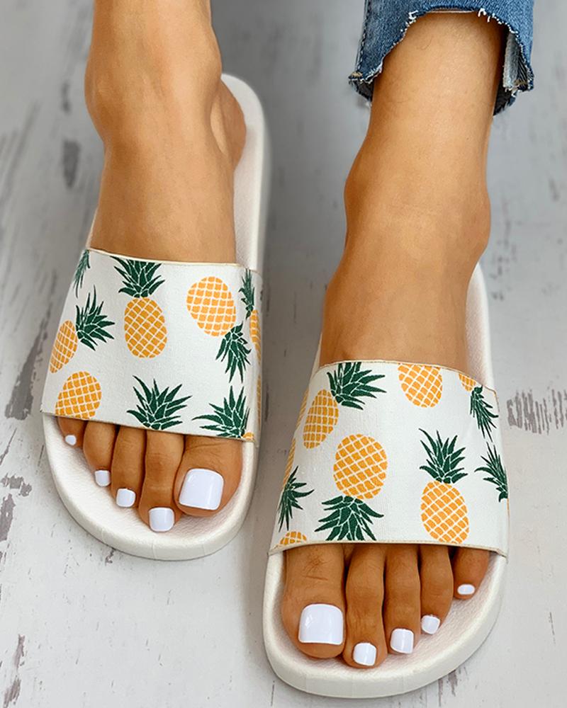 

Pineapple Pattern Open Toe Flat Slider Sandals, White