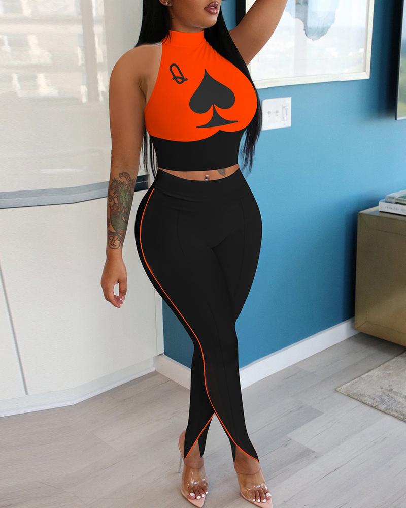 

Poker Print Crop Top & Striped Pants Set, Orange