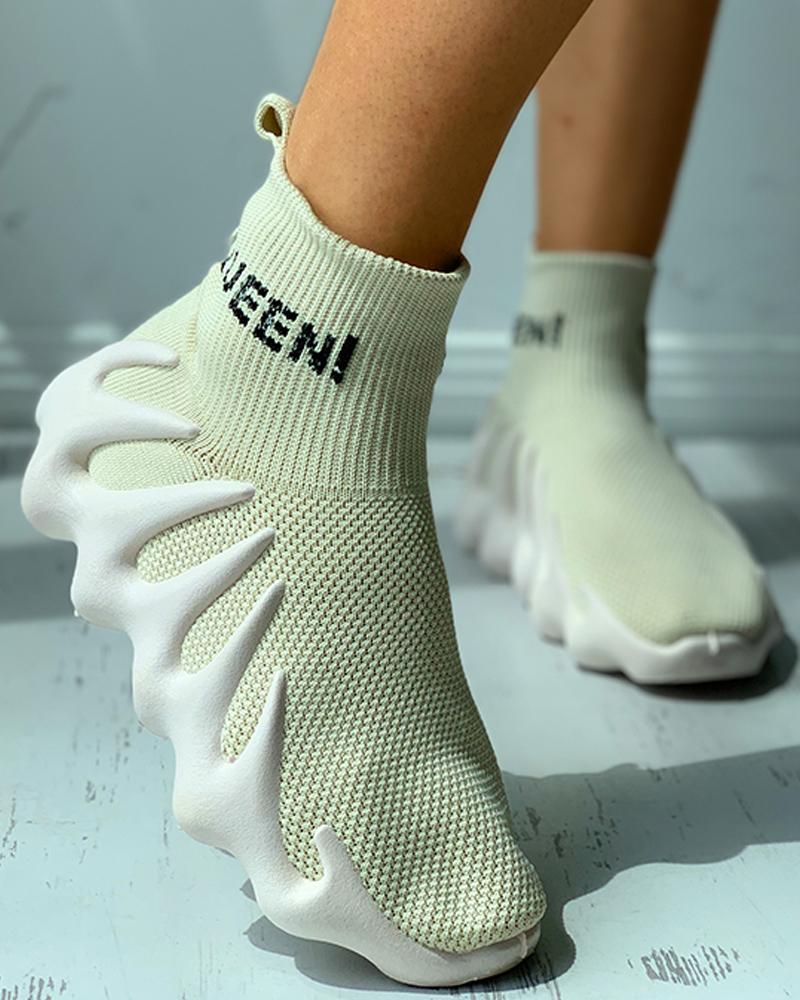 

Letter Pattern Knit Sock Sneaker, Beige