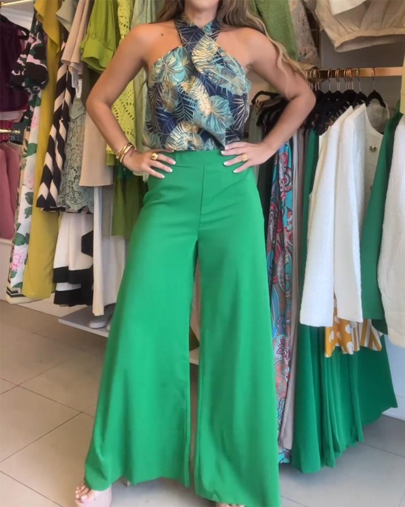 

Tropical Leaf Print Sleeveless Top & Wide Leg Pants Set, Green