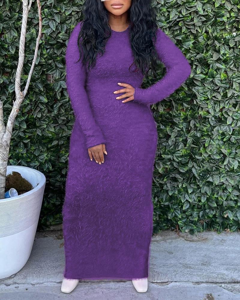 

Long Sleeve Fluffy Bodycon Dress, Purple