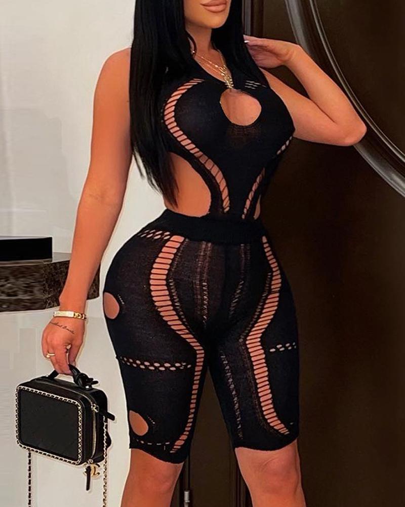 

Hollow Out Halter Backless Crochet Romper, Black