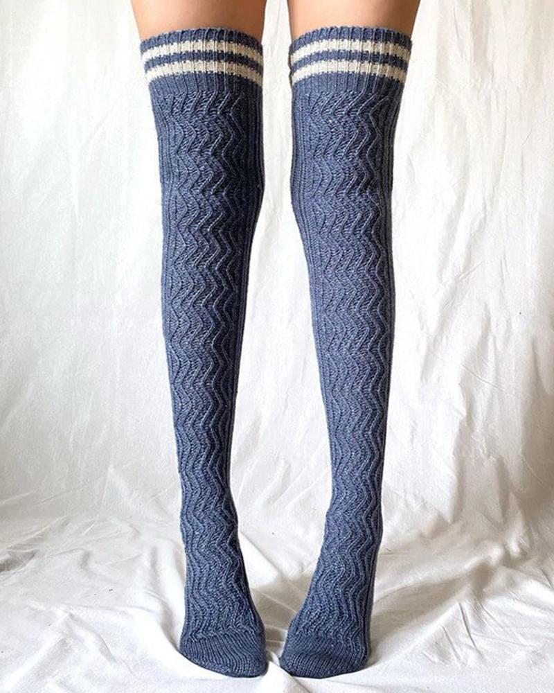 

1Pair Striped Over The Knee Braided Winter Socks, Blue