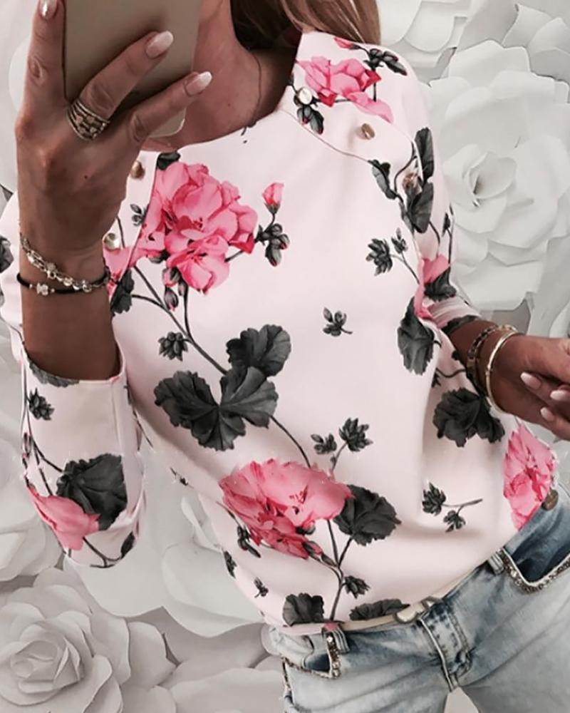 

Floral Print Long Sleeve Blouse, Pink