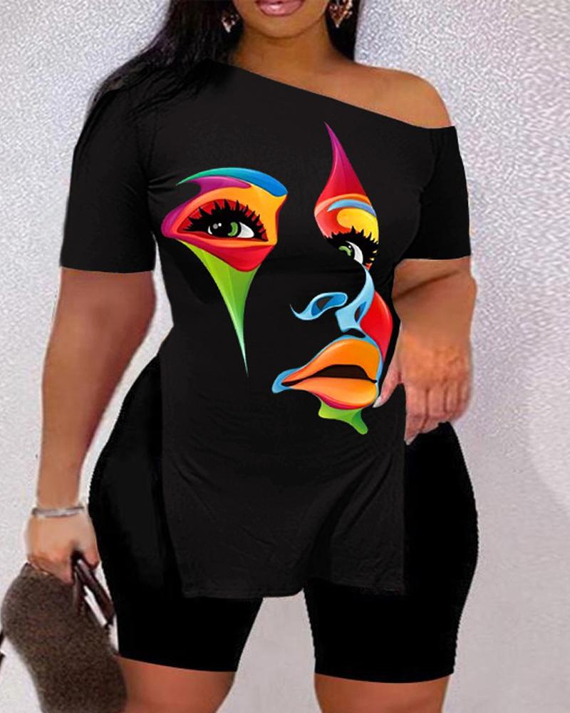 

Plus Size Abstract Figure Print Side Slit Top & Shorts Set, Black