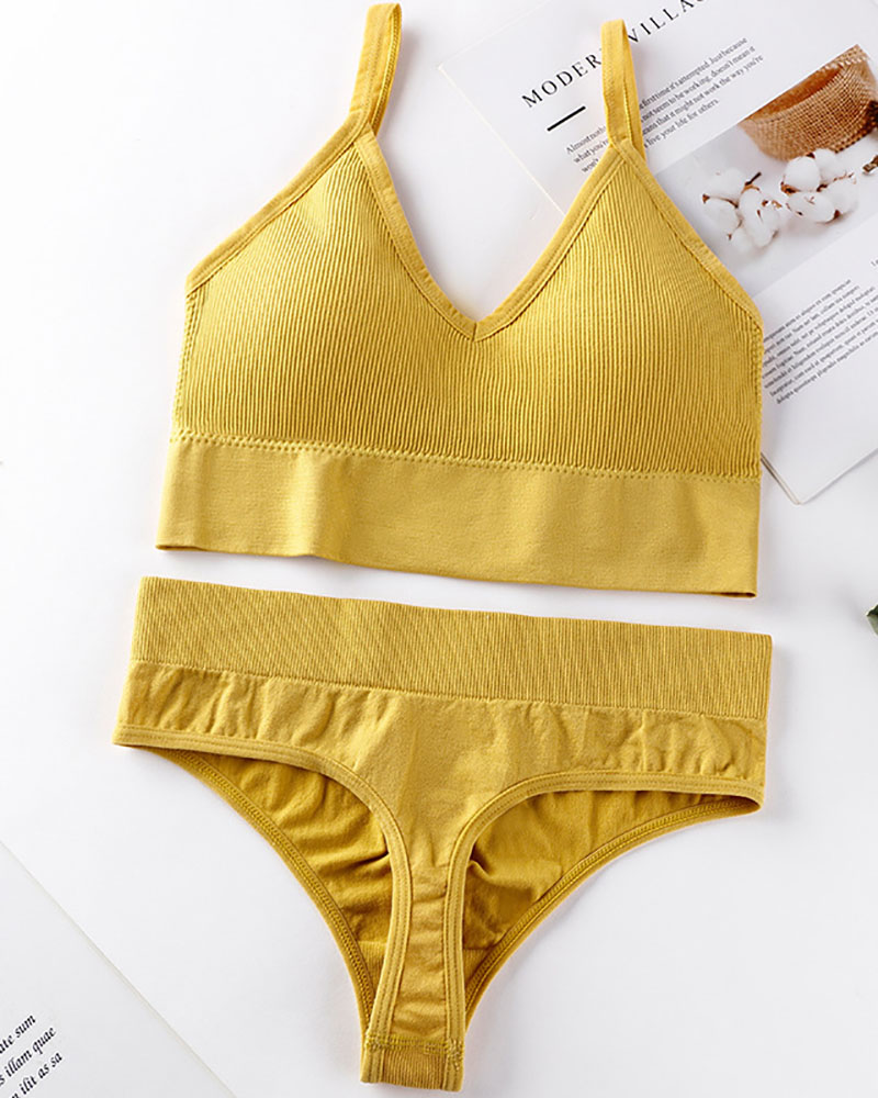 

V-Neck Sleeveless Seamless Bra Set, Yellow