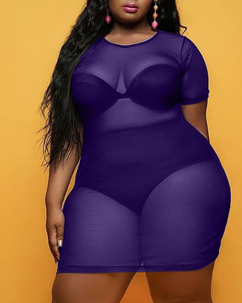 

Plus Size Sheer Mesh Short Sleeve Bodycon Dress Without Lining, Dark blue