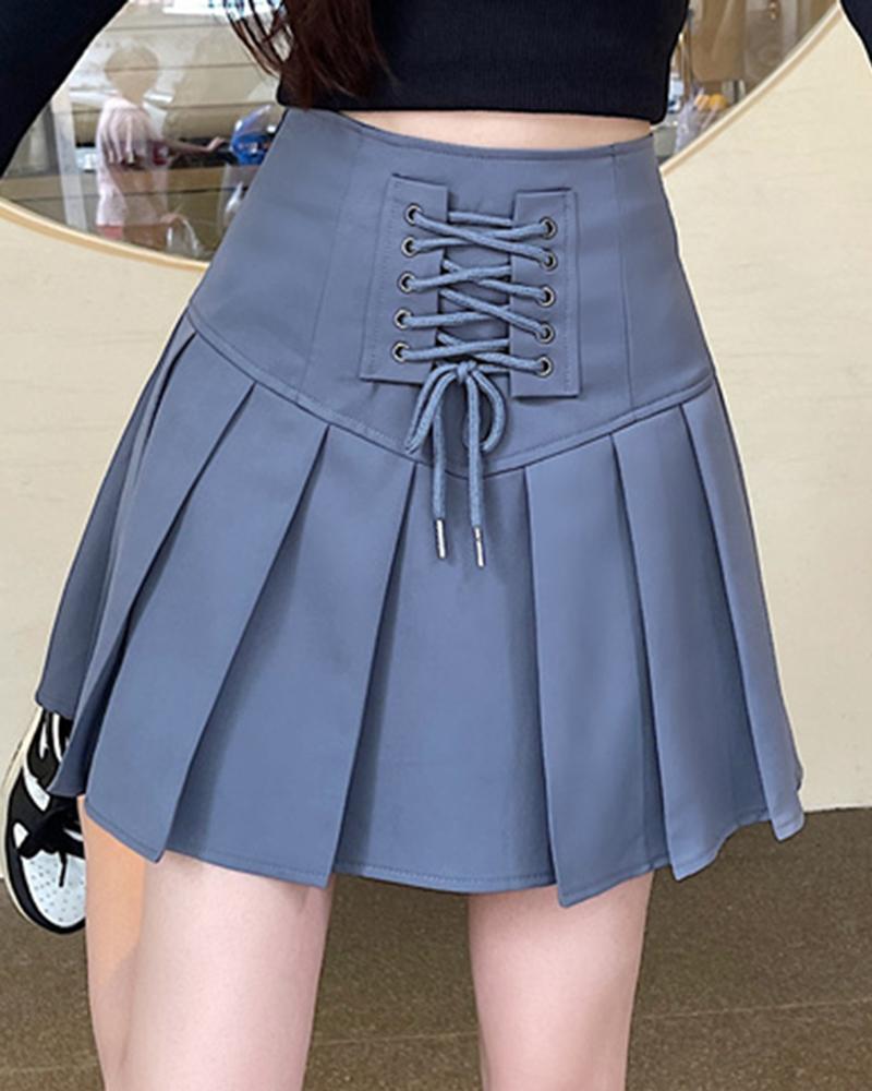 

High Waist Pleated Lace-up Skirt, Gray