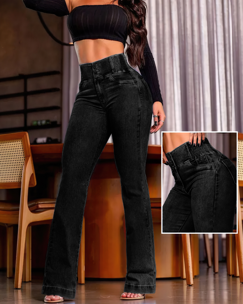 

ChicMe CurveEase Back franzido com botões na frente, jeans de cintura alta, skinny flared, jeggings jeans, Black