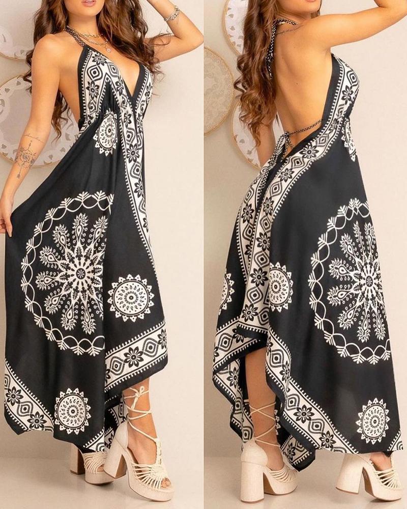 

Graphic Print Backless Ruffles Trim Maxi Dress, Black