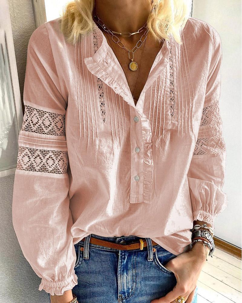 

Crochet Lace Lantern Sleeve Frill Hem Top, Pink