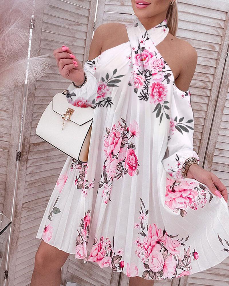 

Floral Print Cold Shoulder Pleated Casual Dress, White