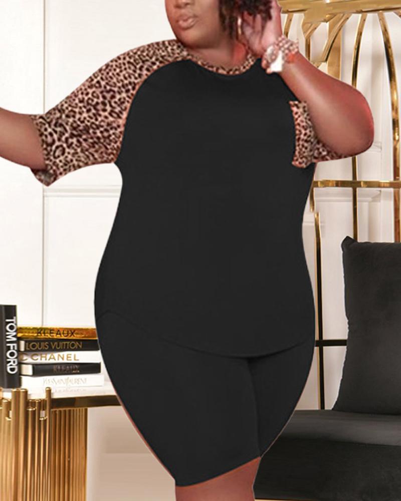 

Plus Size Contrast Leopard Casual Top & Shorts Set, Black