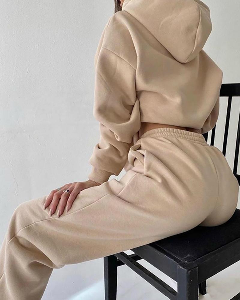 

Long Sleeve Pocket Design Hooded Sweatshirt & Cuffed Pants Set, Apricot
