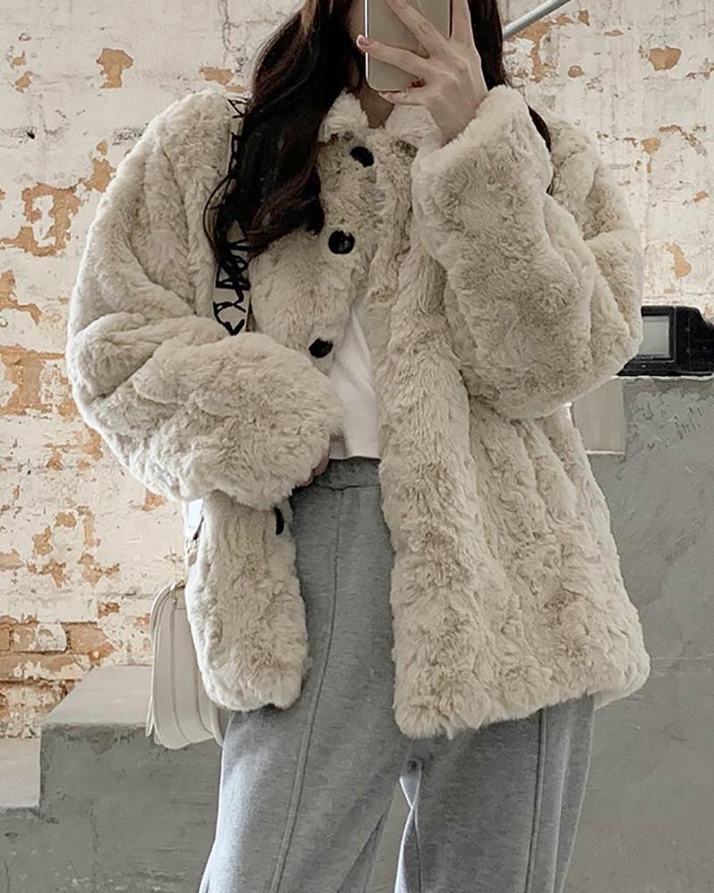 

Button Design Long Sleeve Faux Fur Coat, Beige