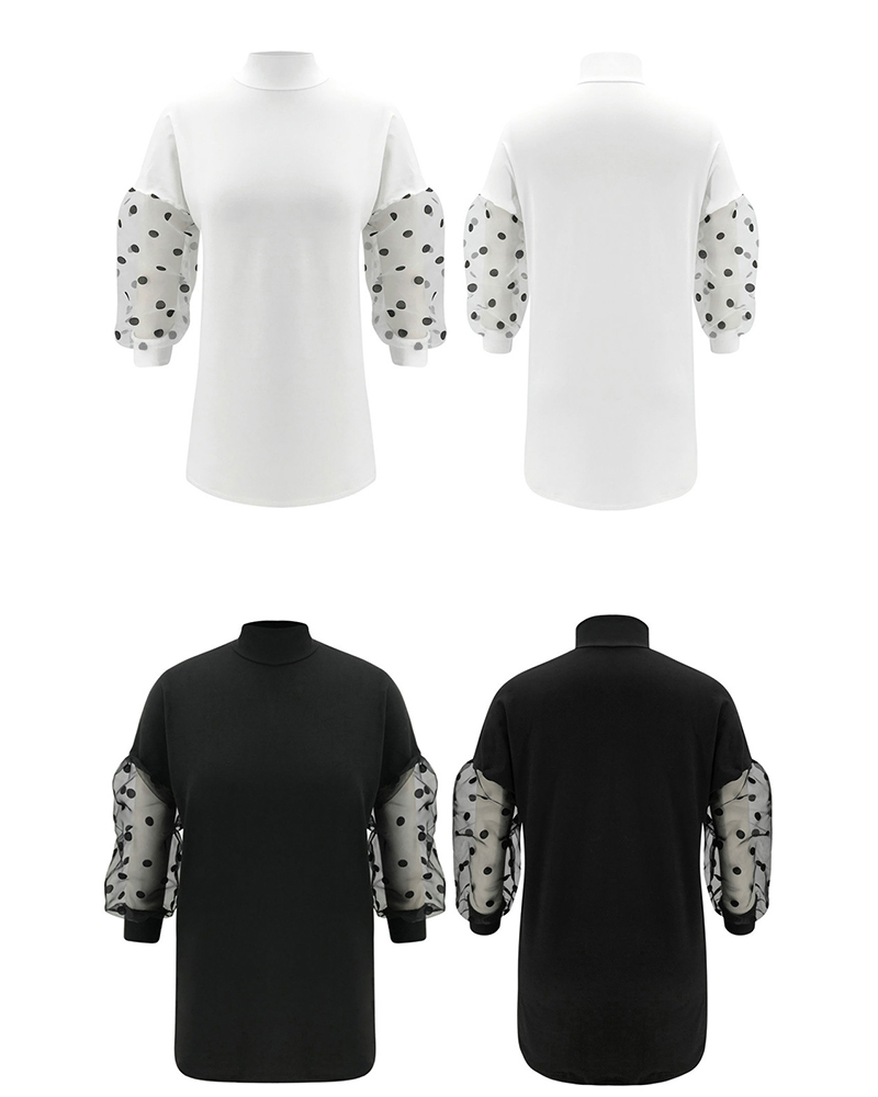 

Sheer Mesh Puff Lantern Sleeve Polka Dot Print Dress, White
