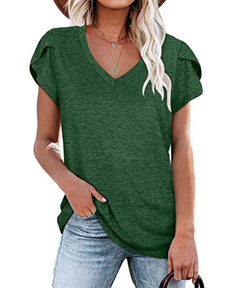 

Petal Short Sleeve V-Neck Casual T-shirt, Green