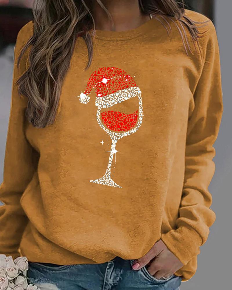 

Christmas Print Sequins Long Sleeve Sweatshirt, Khaki