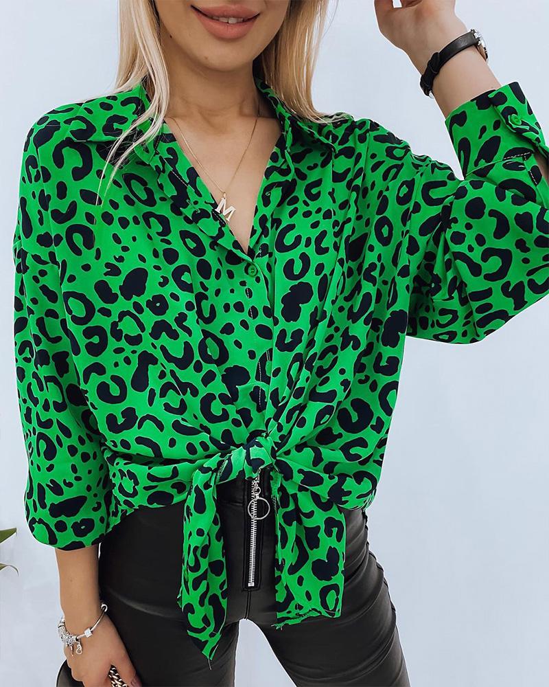 

Leopard Print Long Sleeve Button Down Shirt, Green