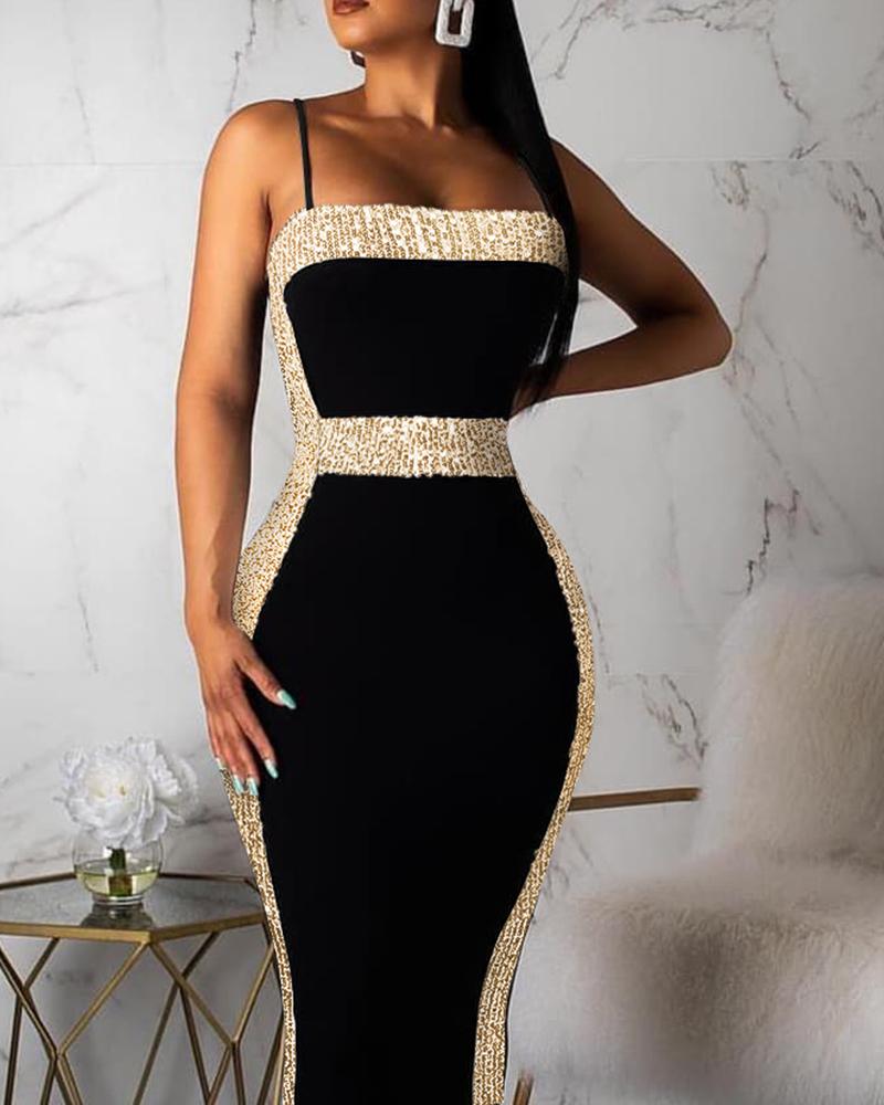 

Contrast Sequin Spaghetti Strap Bodycon Dress, Black