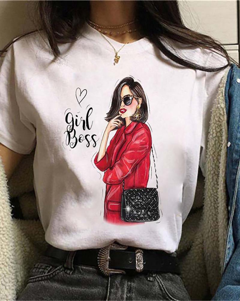 

Figure Graphic Letter Print Short Sleeve Casual T-shirt, Style5