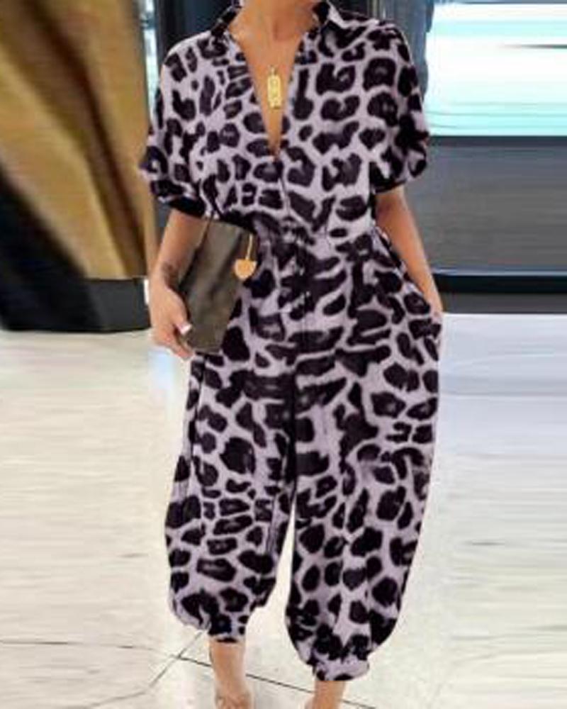 

Plus Size Leopard Print Button Front Jumpsuit, Purple