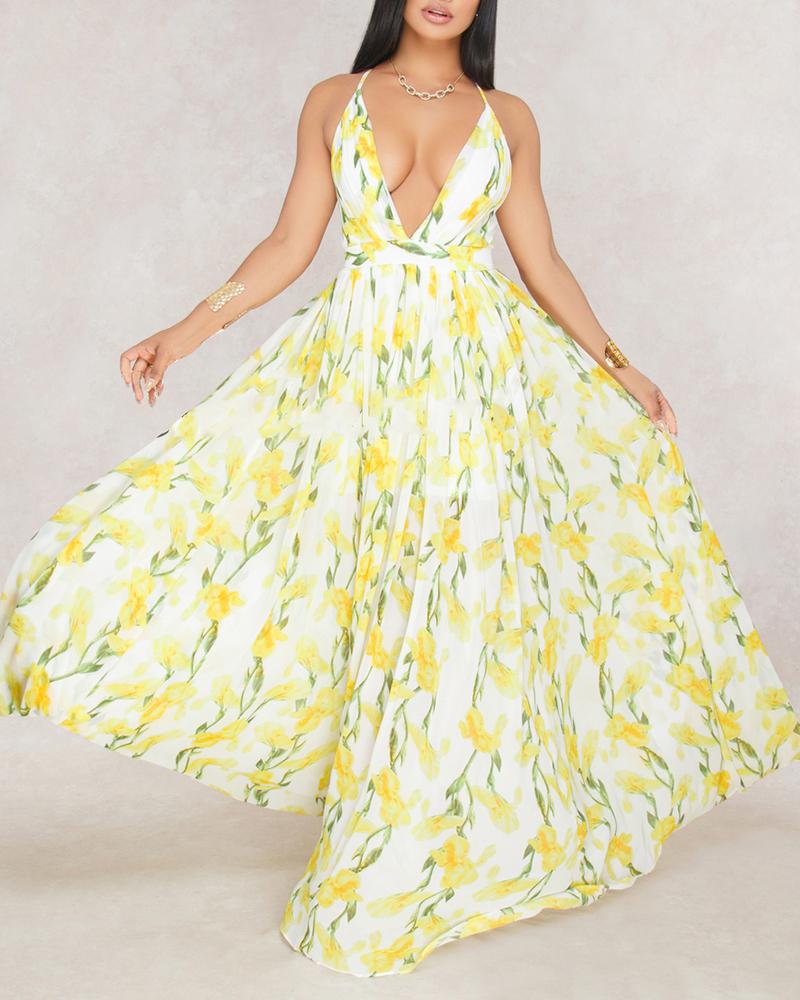 

Floral Print Pleated Backless Slip Maxi Dress, White