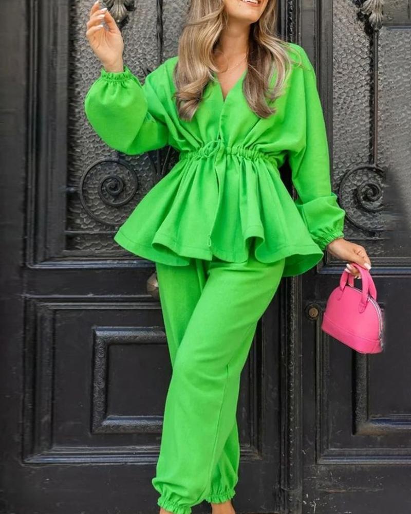 

Lantern Sleeve Drawstring Top & Cuffed Pants Set, Green