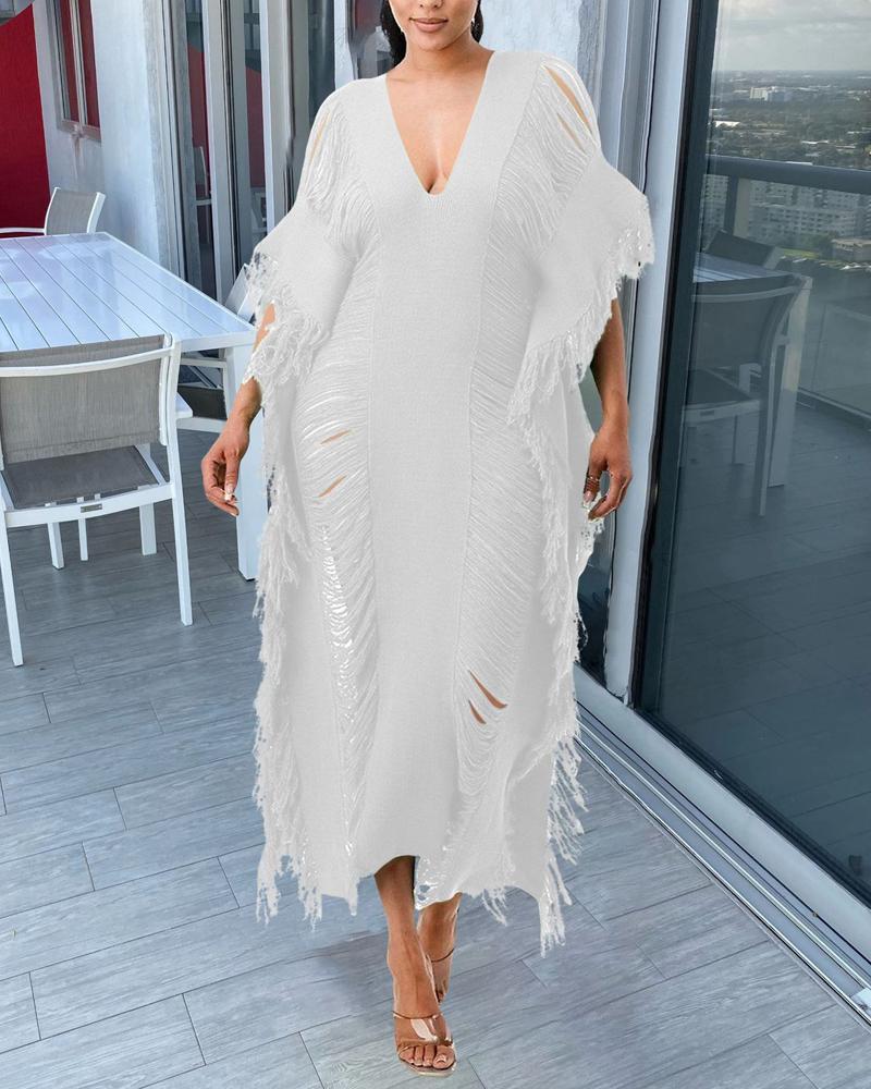 

Plain Tassel Trim Ripped Casual Dress, White