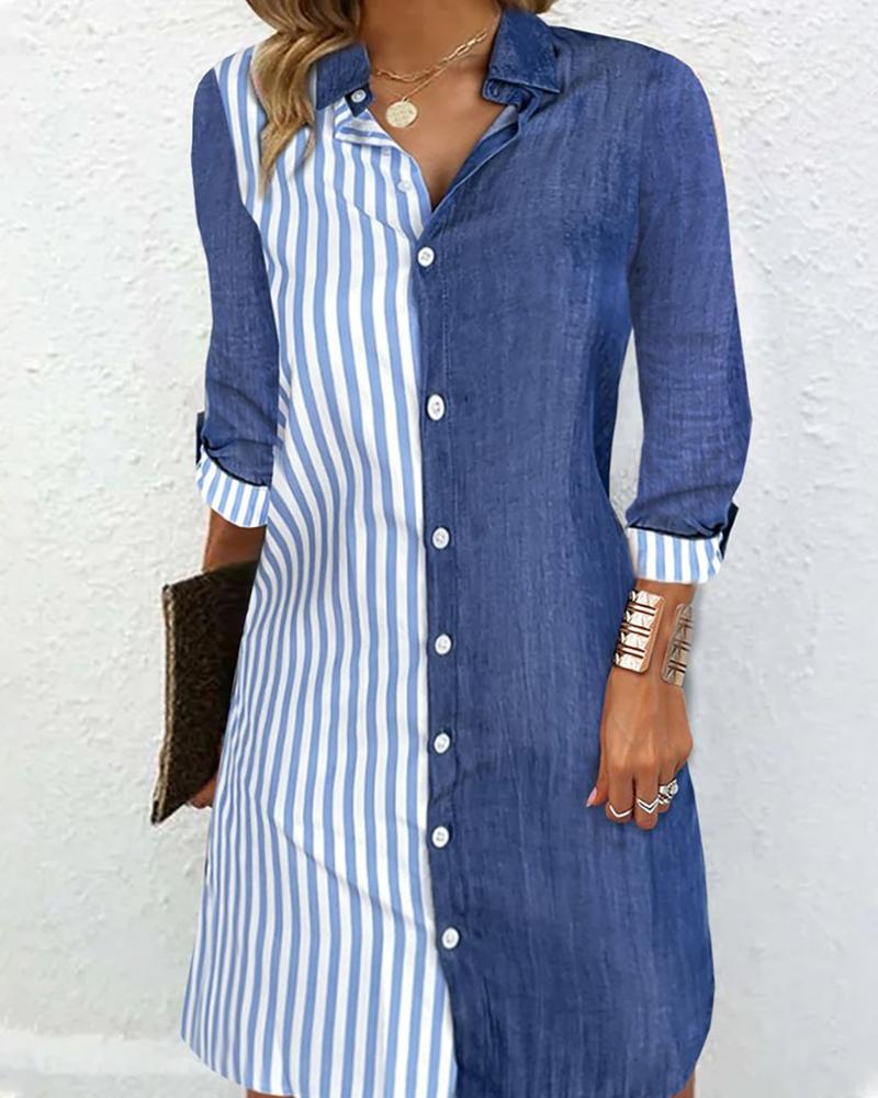 

Striped Colorblock Buttoned Shirt Dress, Blue