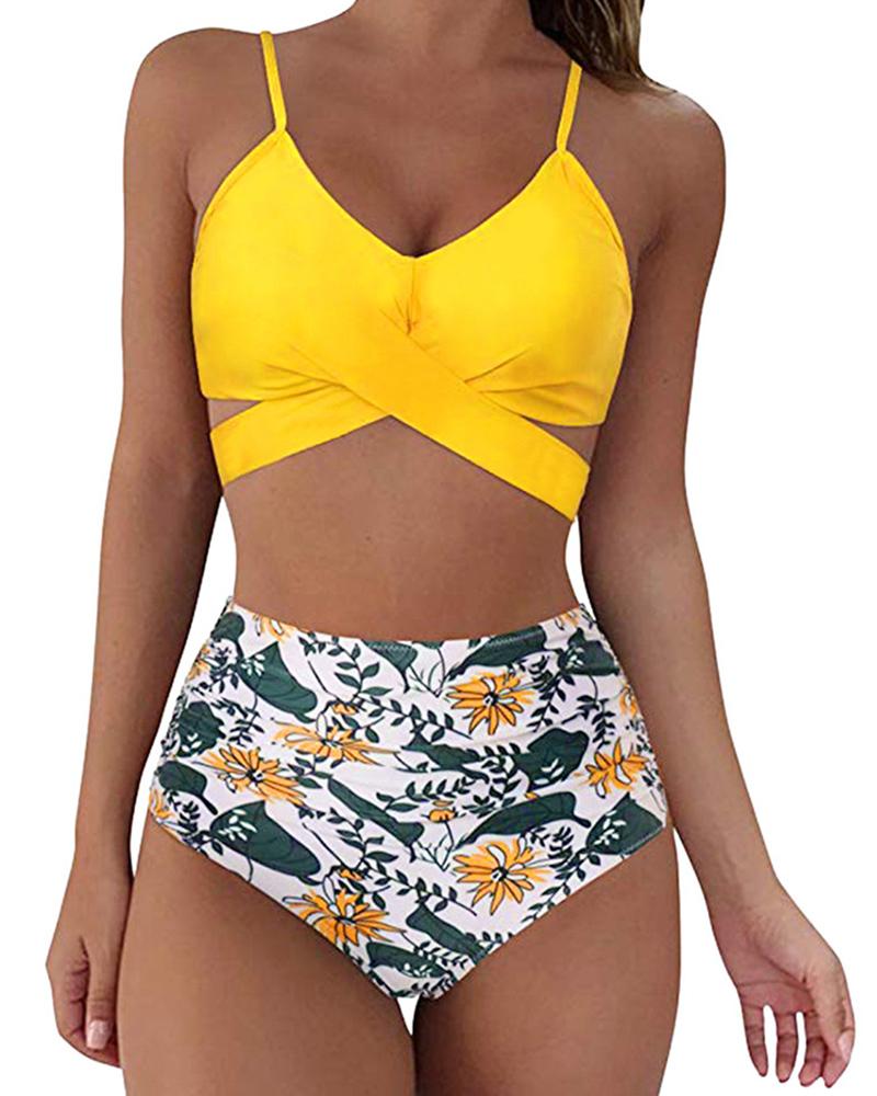 

Tie Dye / Plants Print Cross Front Bikini Set, Yellow