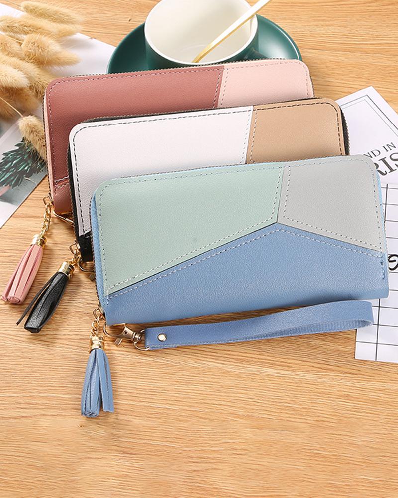 

Colorblock Tassel Zipper Purse, Blue