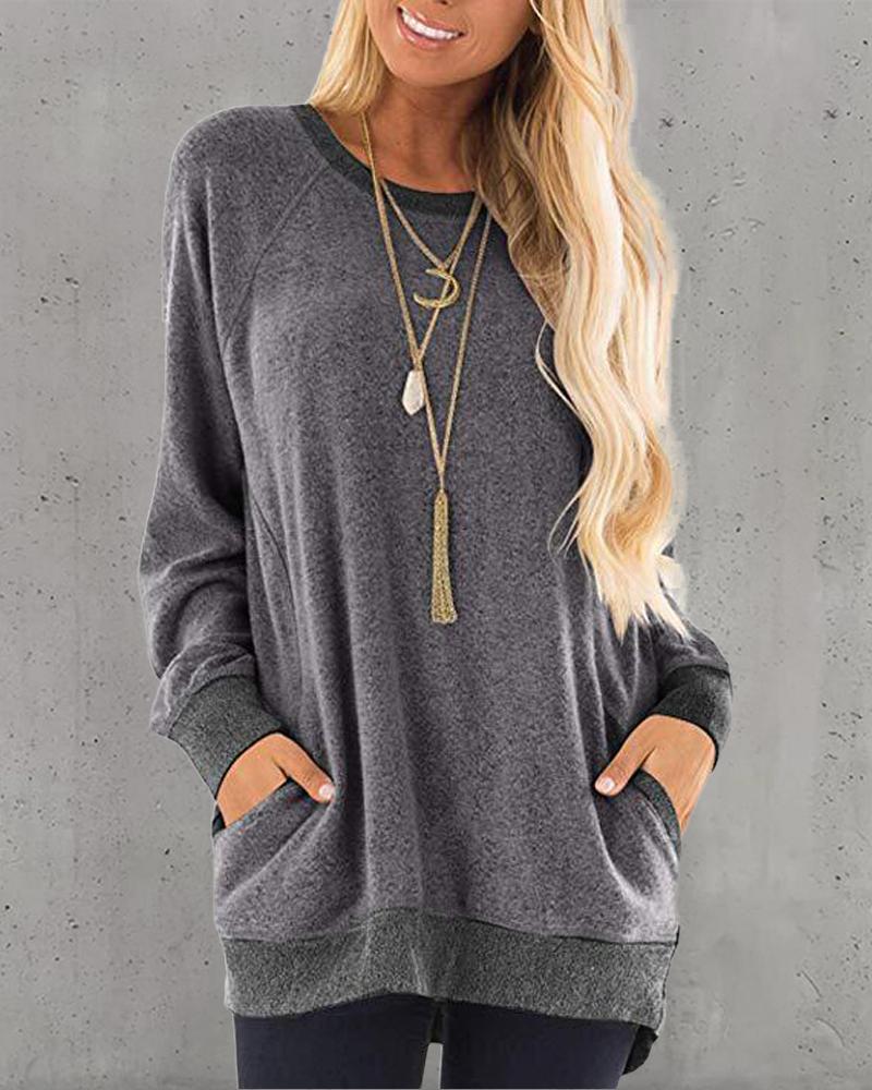 

Contrast Paneled Pocket Detail Long Sleeve Top, Gray