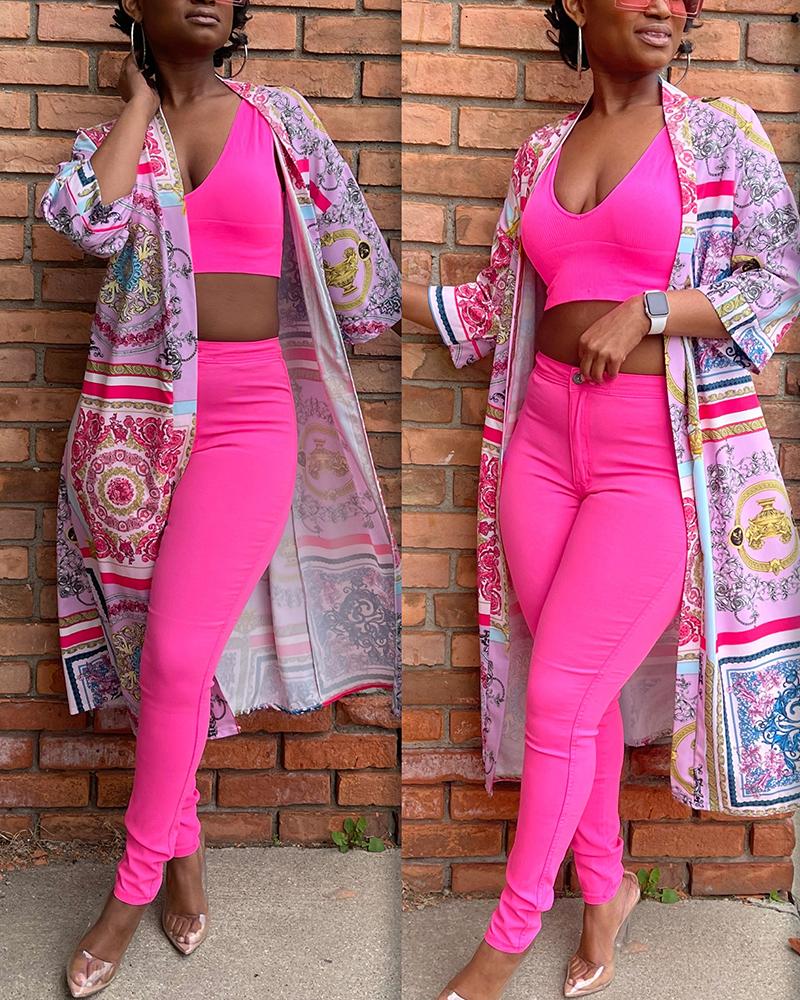 

Baroque Scarf Print Open Front Longline Coat, Hot pink