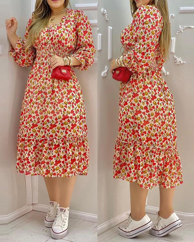 

Floral Print Shirred Lantern Sleeve Frill Hem Dress, Red