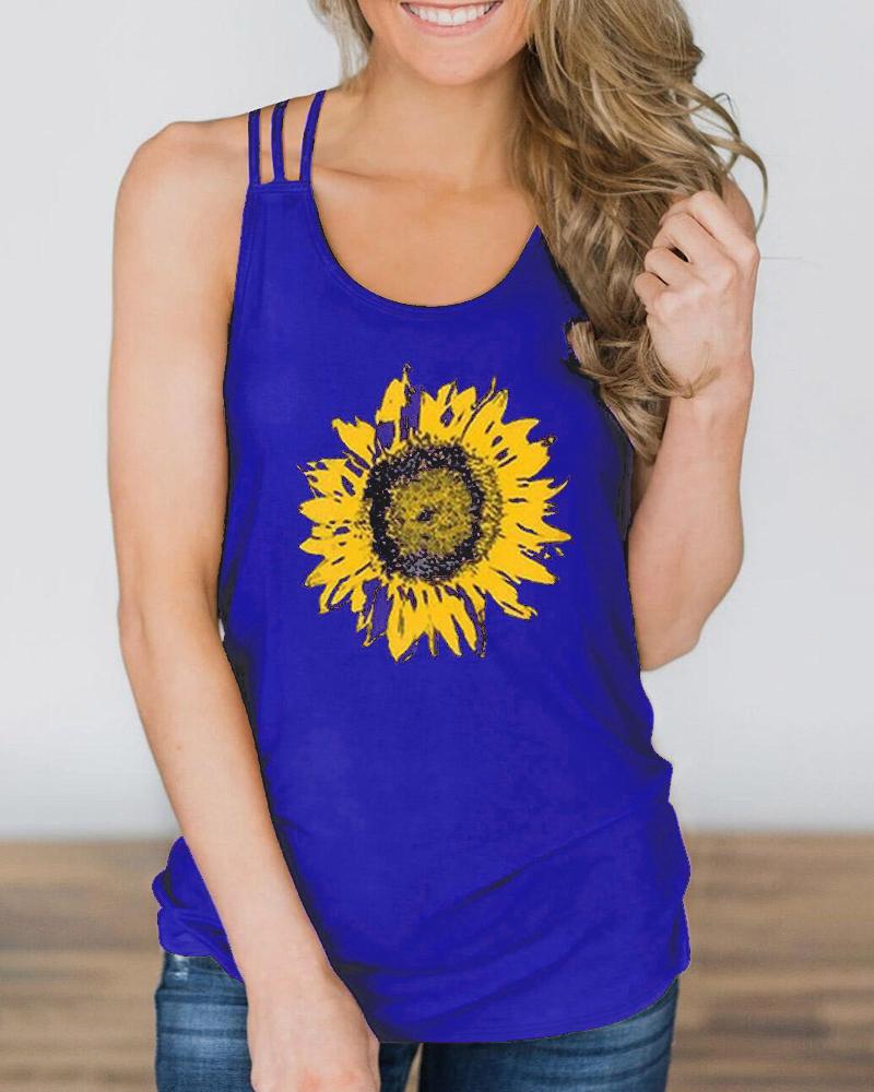 

Sunflower Print Round Neck Sleeveless Top, Blue