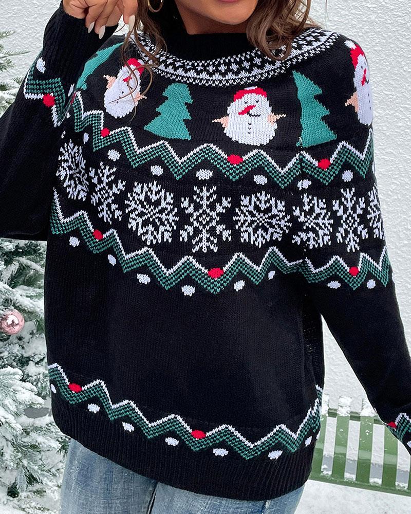 

Christmas Tree Snowman Snowflake Pattern Sweater, Black