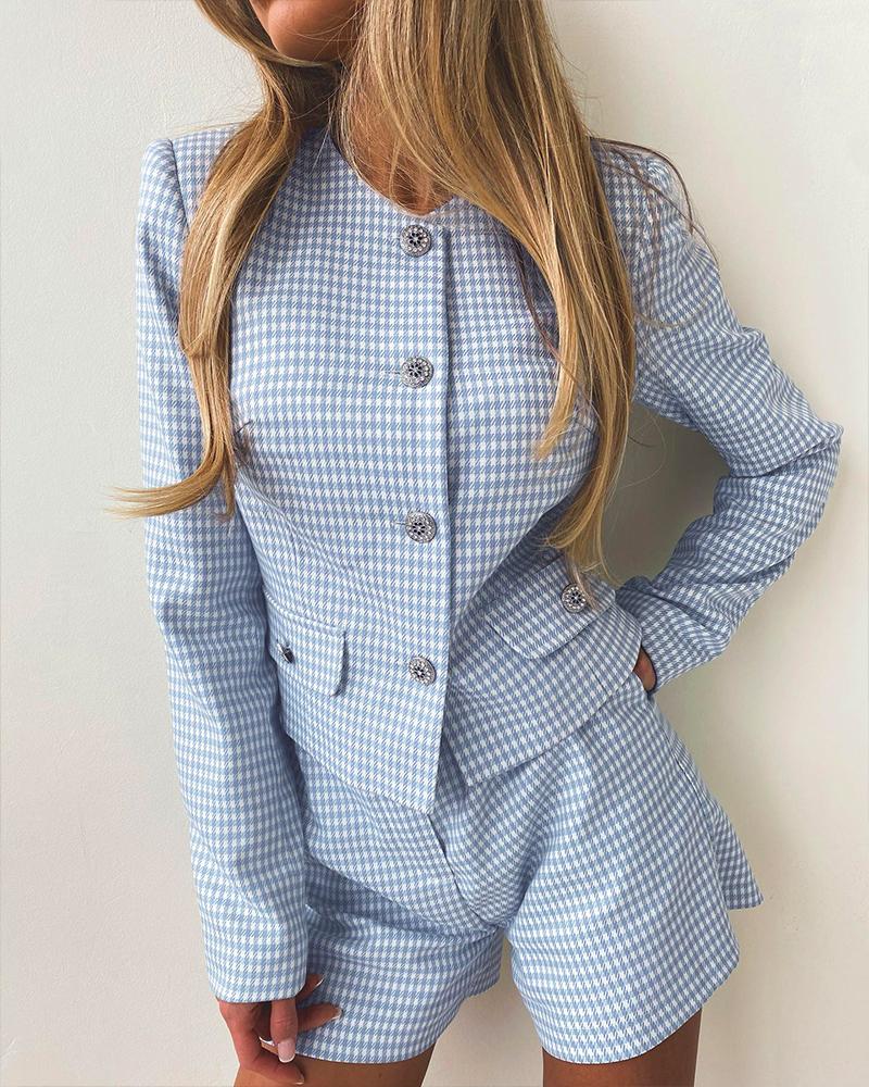

Plaid Print Long Sleeve Blazer & Shorts Set, Blue