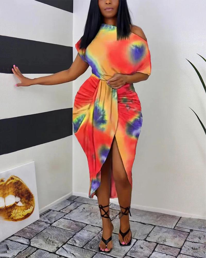 

Tie Dye Print Ruched Slit Casual Dress, Orange