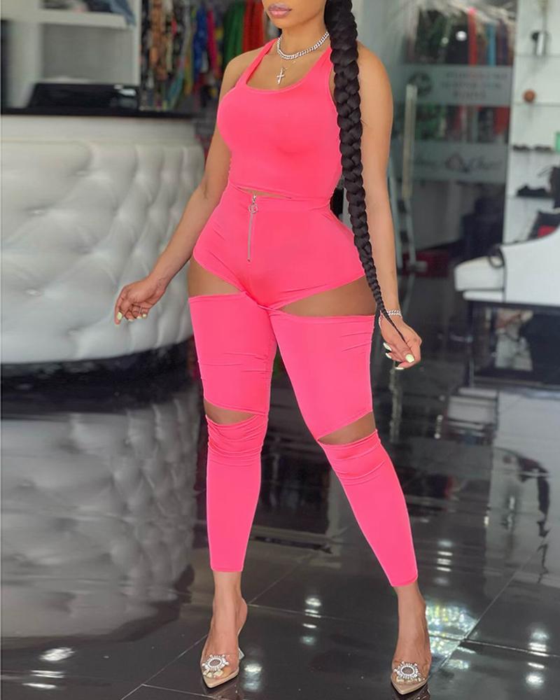 

Crop Tank Top & Zip Fly Cutout Skinny Pants Set, Hot pink