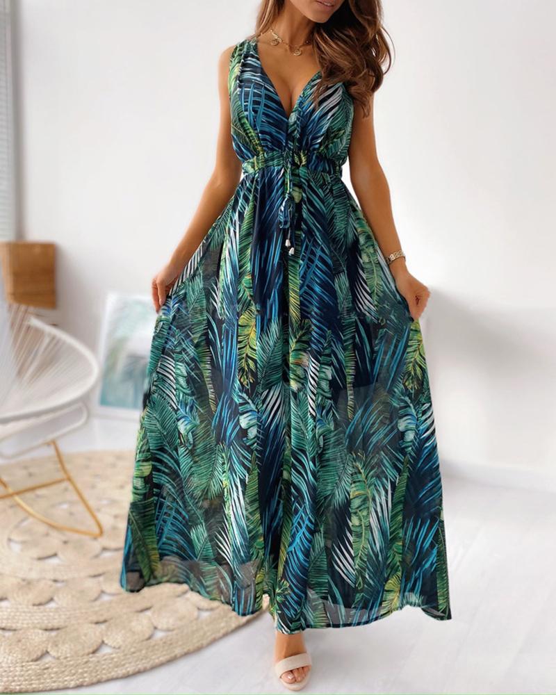 

Tropical Print Tied Detail Cutout Back Maxi Dress, Green