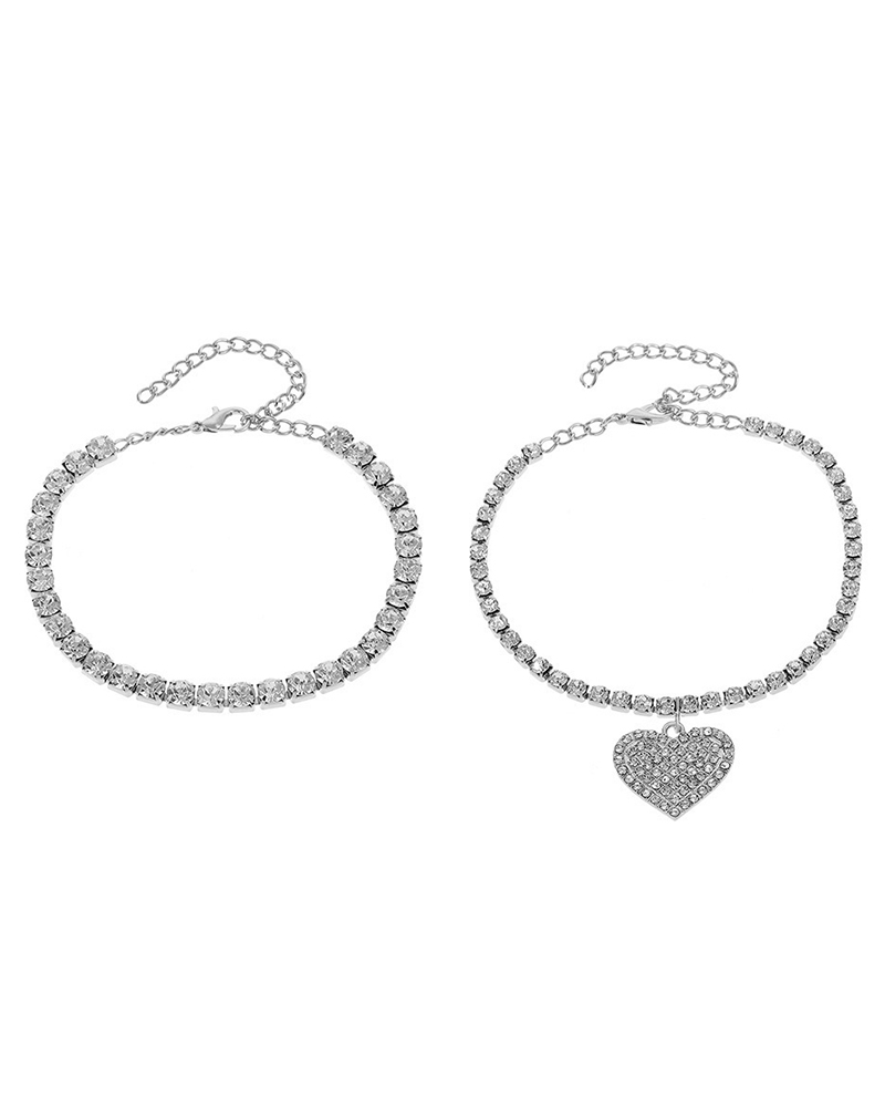 

2pcs Rhinestone Heart Pattern Stackable Anklet Set, Silver