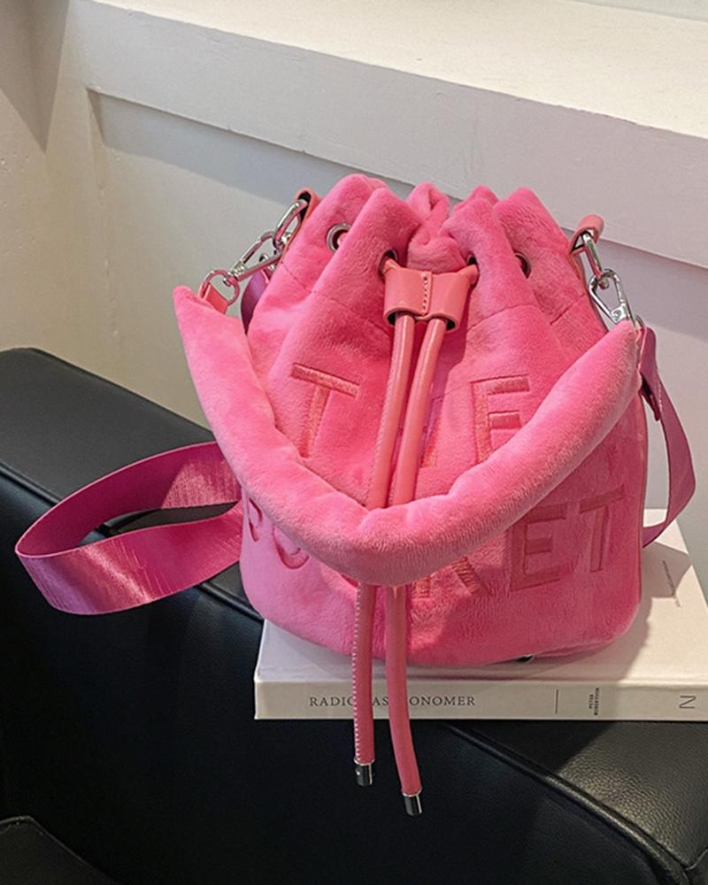 

Velvet Letter Pattern Drawstring Bucket Bag, Hot pink