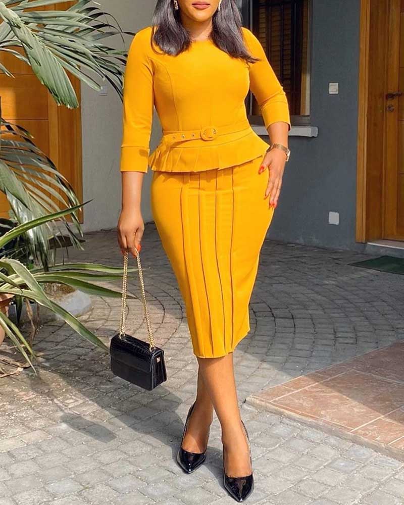 

Plain Ruched Long Sleeve Work Dress, Yellow