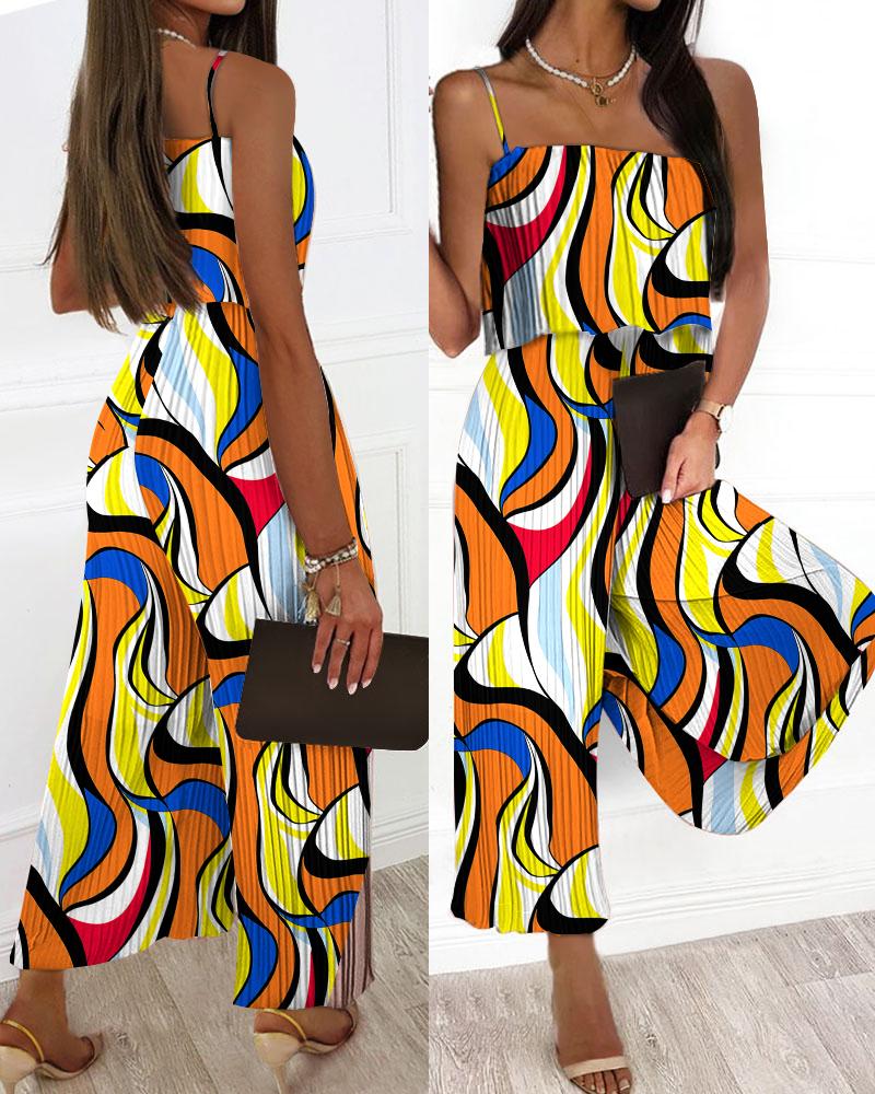 

Abstract Print Ruffle Hem Pleated Wide Leg Jumpsuit, Multicolor