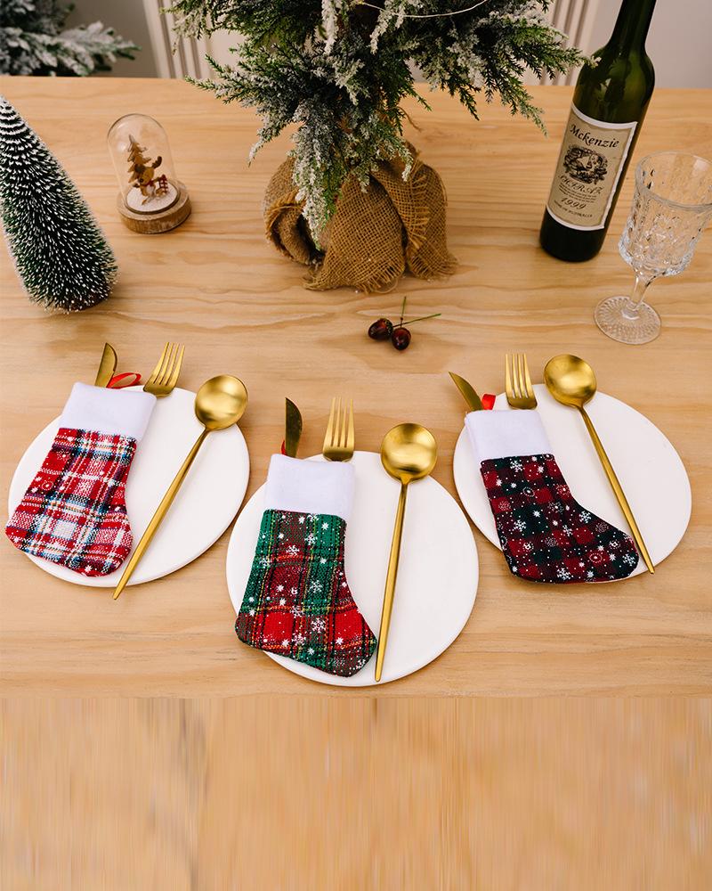 

1pc Christmas Stocking Plaid Print Hanging Stocking Christmas Tree Decoration Ornament Decoration Spoon Fork Bag Kids Gift Party Supplies, Style2