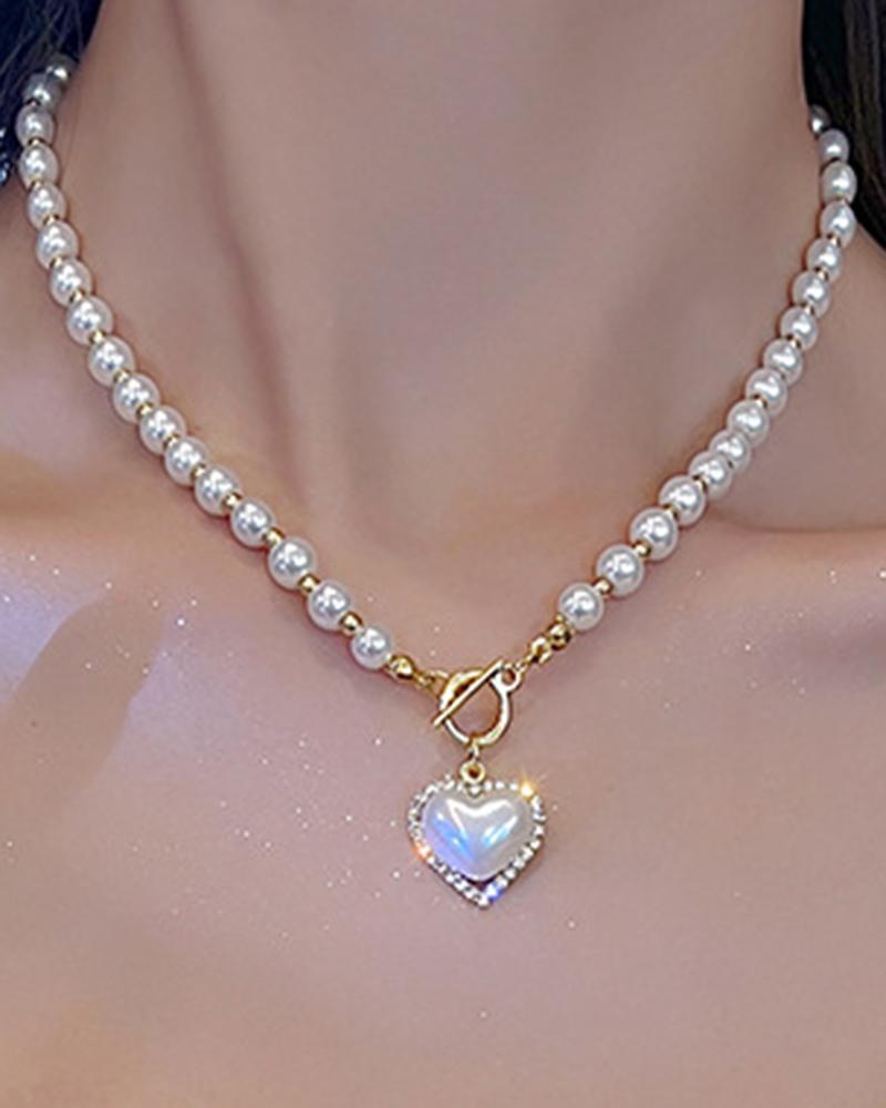 

1pc Faux Pearls Beaded Heart Pendant Necklace, White