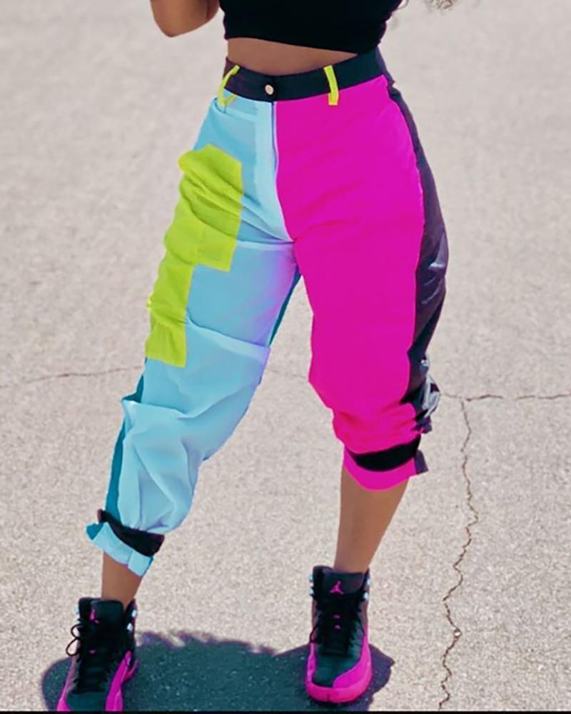 

Colorblock Tie Detail Cargo Cropped Pants, Blue