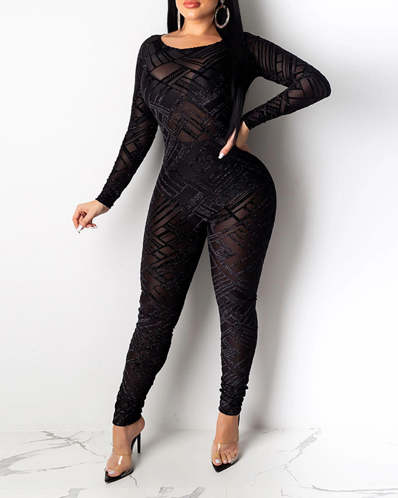

Geometric Pattern Keyhole Back Long Sleeve Skinny Mesh Jumpsuit, Black