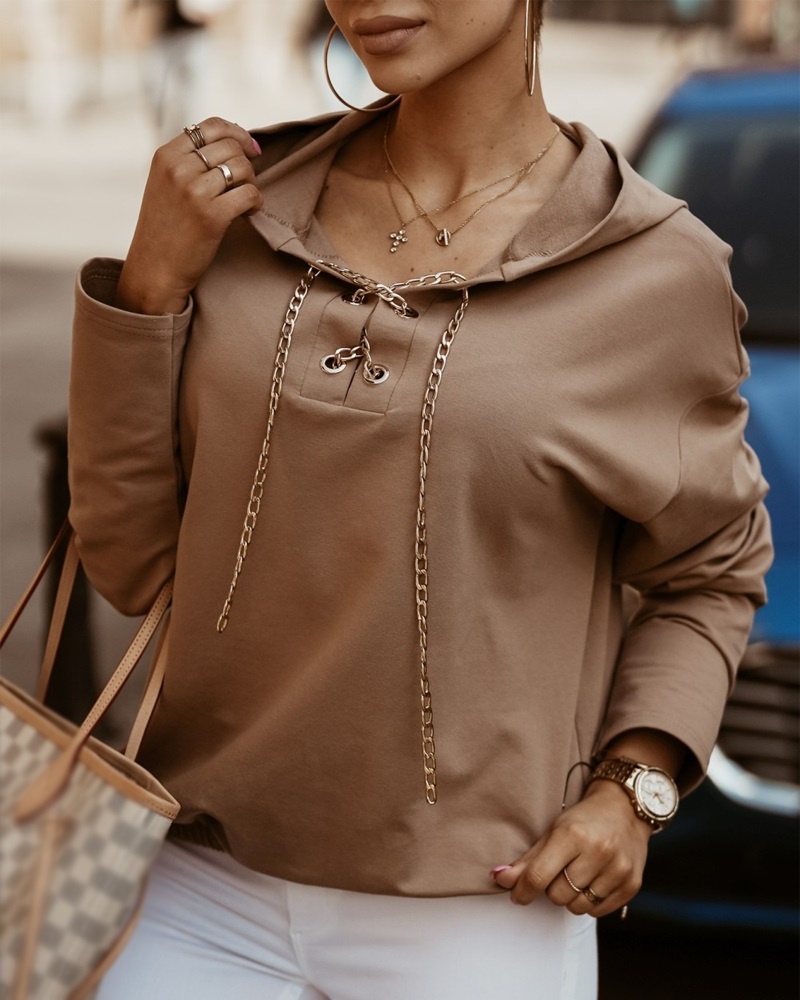 

Chain Decor Long Sleeve Hoodie, Khaki
